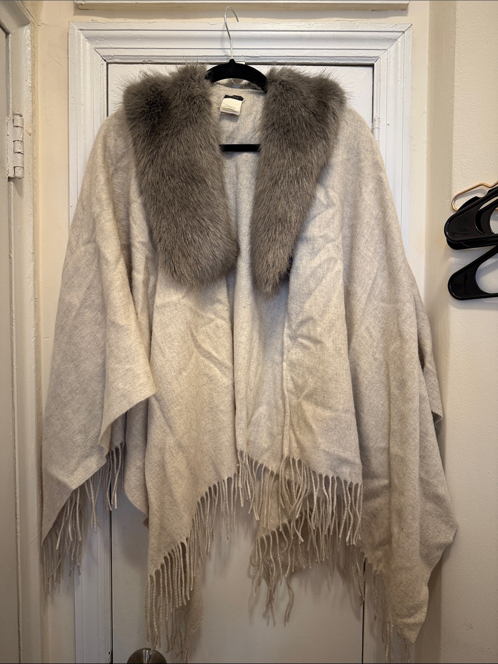 Gray Fringe Shawl with Gray Faux Fur Collar